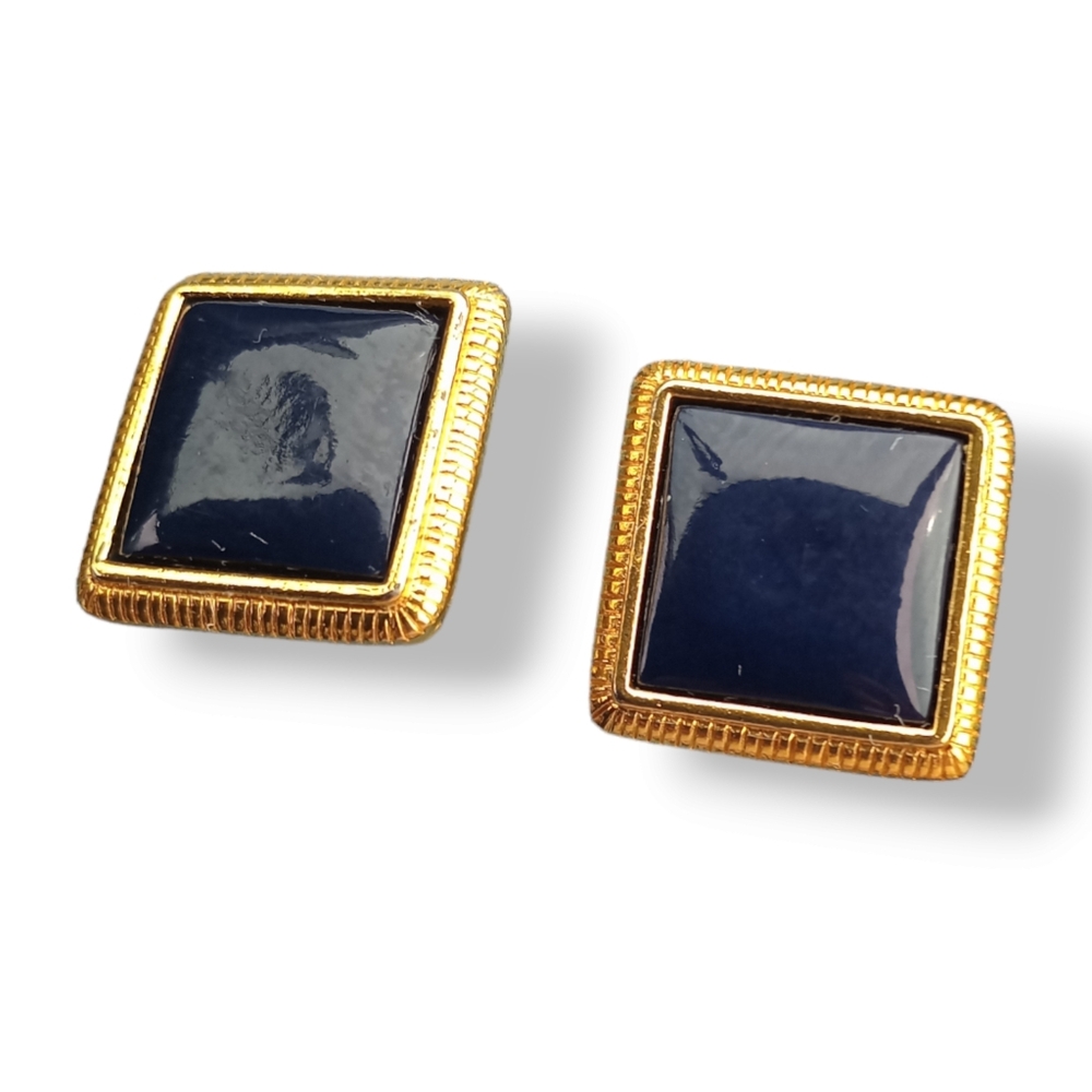 Liz Claiborne Vintage Clip on Earrings Square Blue Gold Signed
